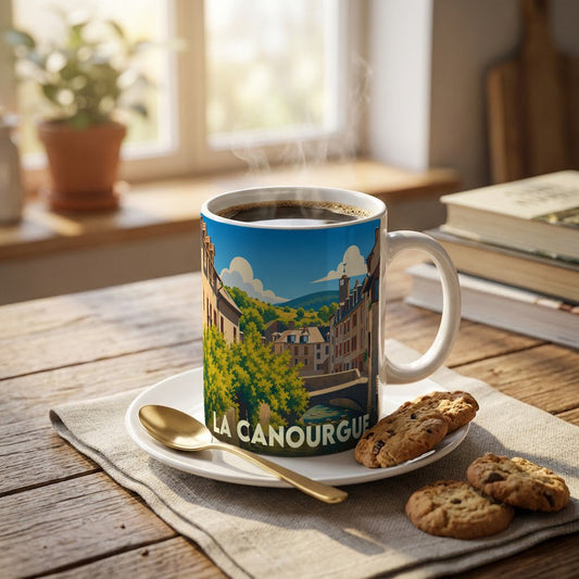 Mug souvenir de la ville de La Canourgue orné d'une illustration stylisée représentant ses maisons au bord de l'eau.