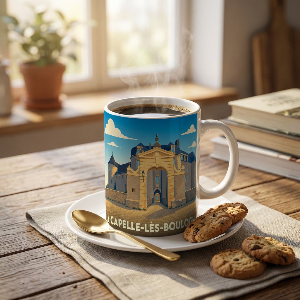 Mug souvenir de la ville de La Capelle-lès-Boulogne orné d'une illustration stylisée de son patrimoine.
