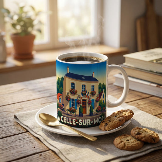 Mug souvenir de la ville de La Celle-sur-Morin avec une illustration stylisée d'une maison fleurie.