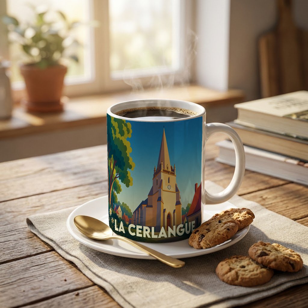Mug souvenir de la ville de La Cerlangue orné d'une illustration stylisée de son église.