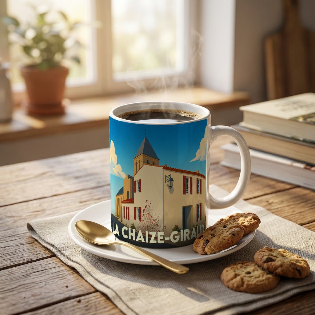 Mug souvenir de la ville de La Chaize-Giraud avec une illustration stylisée.