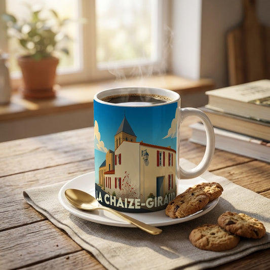 Mug souvenir de la ville de La Chaize-Giraud avec une illustration stylisée.