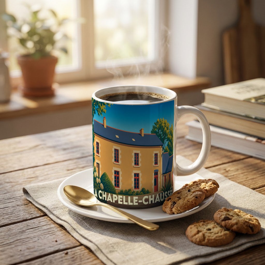 Mug souvenir de la ville de La Chapelle-Chaussée avec une illustration stylisée d'une maison régionale.