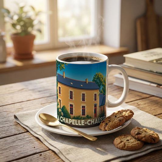 Mug souvenir de la ville de La Chapelle-Chaussée avec une illustration stylisée d'une maison régionale.