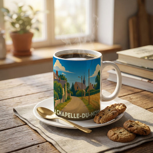Mug souvenir de la ville de La Chapelle-du-Noyer avec une illustration stylisée d'un paysage de campagne.