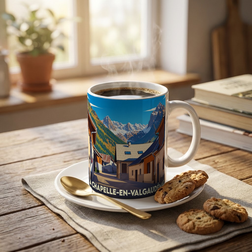 Mug souvenir de La Chapelle-en-Valgaudémar avec une illustration stylisée du village et des montagnes environnantes.