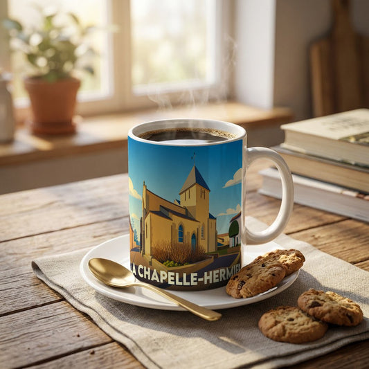 Mug souvenir de la ville de La Chapelle-Hermier illustré d'un dessin stylisé de son église.