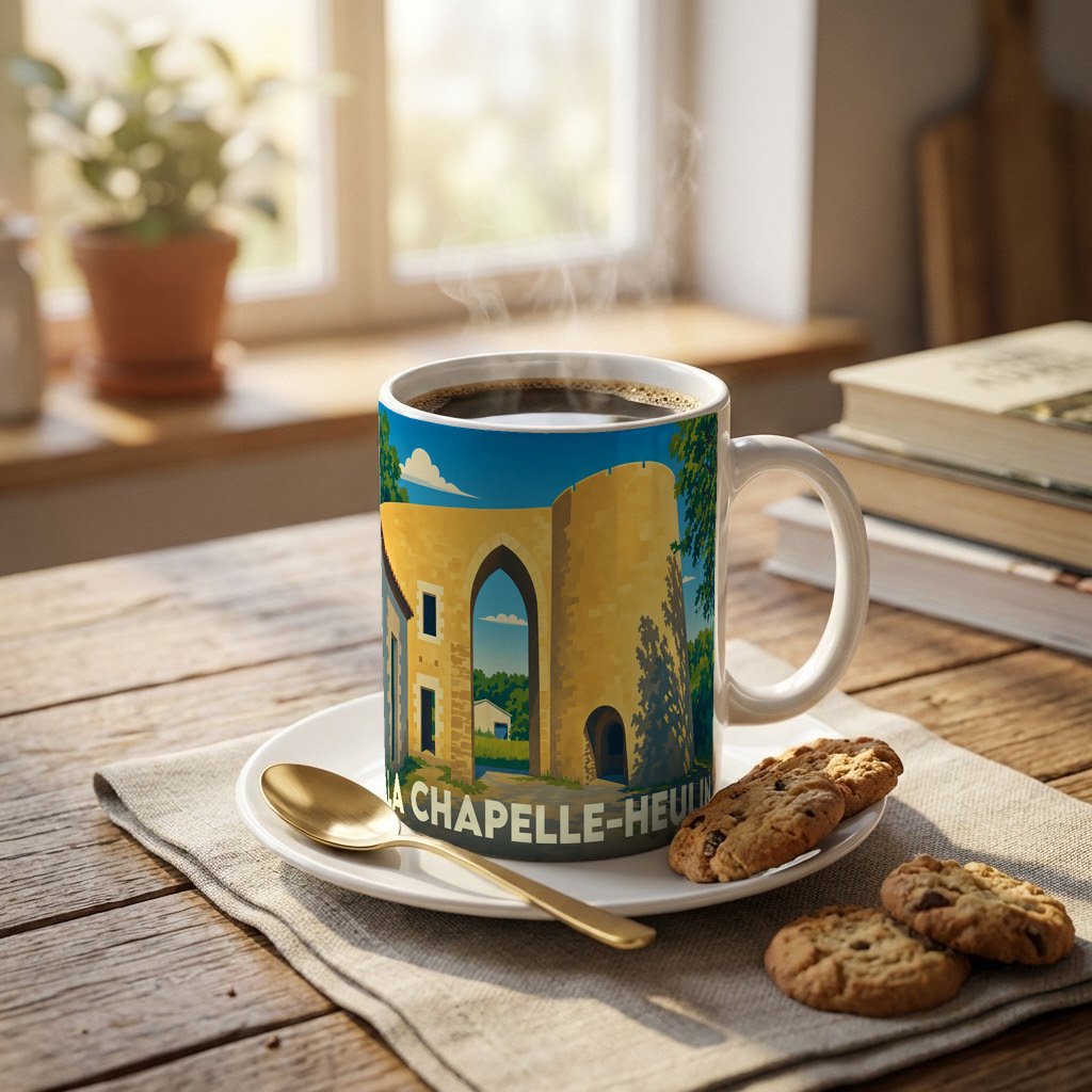 Mug souvenir de la ville de La Chapelle-Heulin avec une illustration stylisée d'un monument historique.