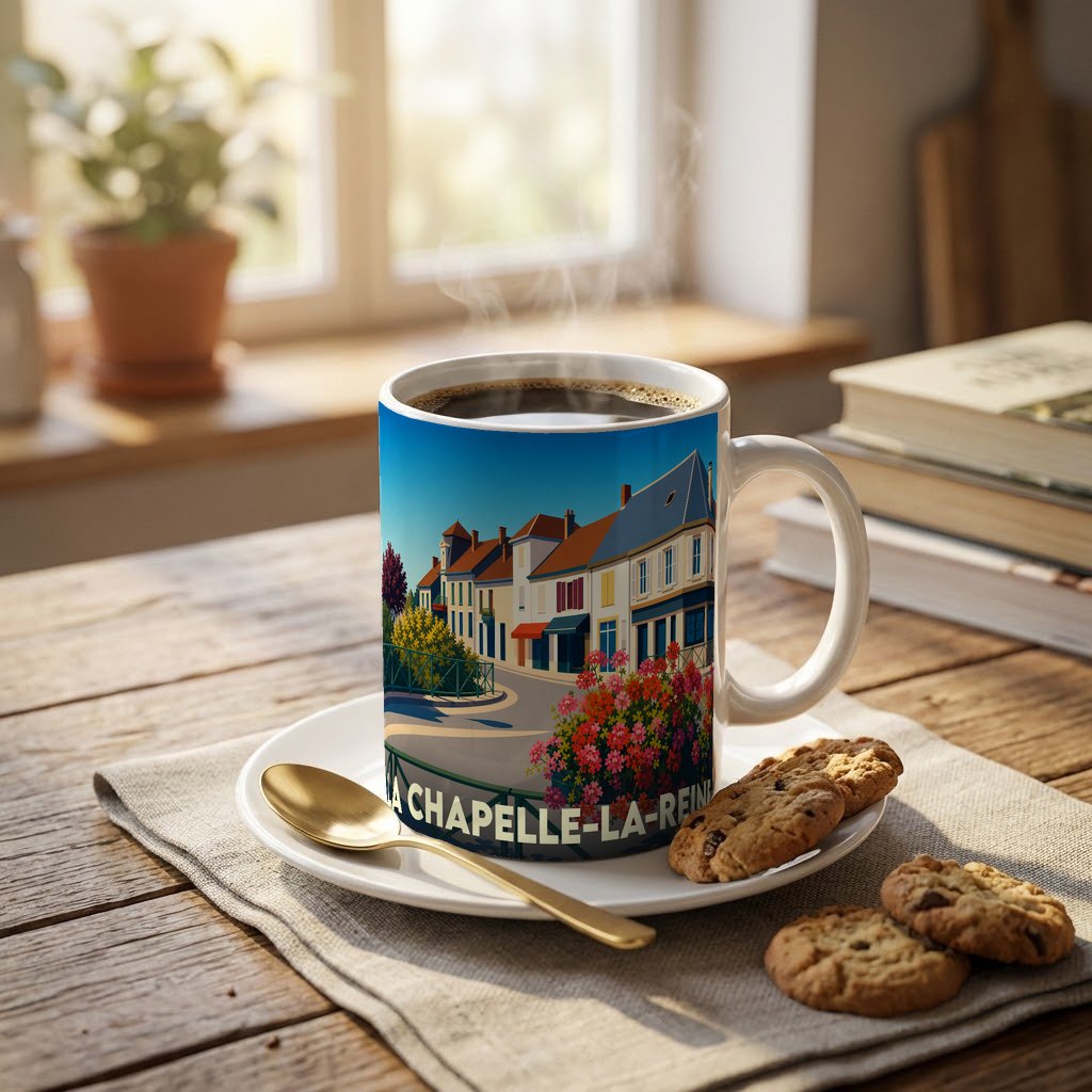 Mug souvenir de la ville de La Chapelle-la-Reine avec une illustration stylisée d'une rue fleurie.