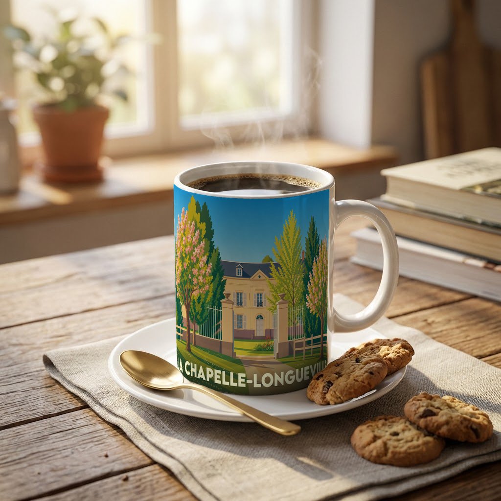 Mug souvenir de la ville de La Chapelle-Longueville avec une illustration stylisée d'un manoir.