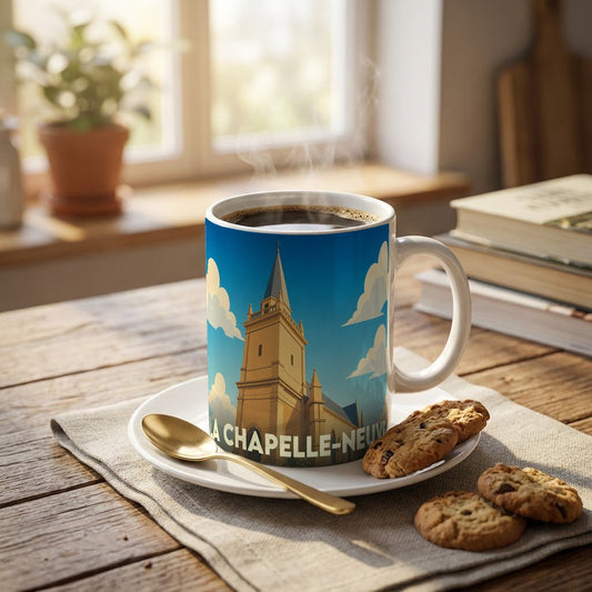 Mug souvenir de la ville de La Chapelle-Neuve illustré d'un clocher d'église stylisé sous un ciel bleu.