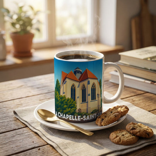 Mug souvenir de la ville de La Chapelle-Saint-Luc avec une illustration stylisée.