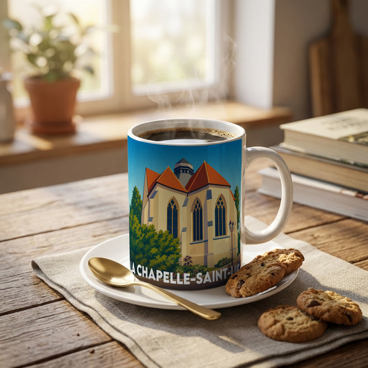 Mug souvenir de la ville de La Chapelle-Saint-Luc avec une illustration stylisée.