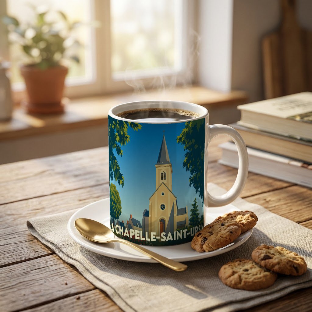 Mug souvenir de la ville de La Chapelle-Saint-Ursin avec une illustration stylisée de son église.