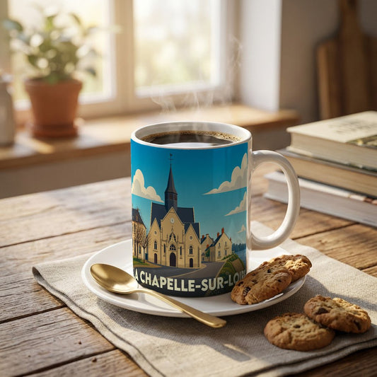 Mug souvenir de la ville de La Chapelle-sur-Loire avec une illustration stylisée d'une église sous un ciel bleu.