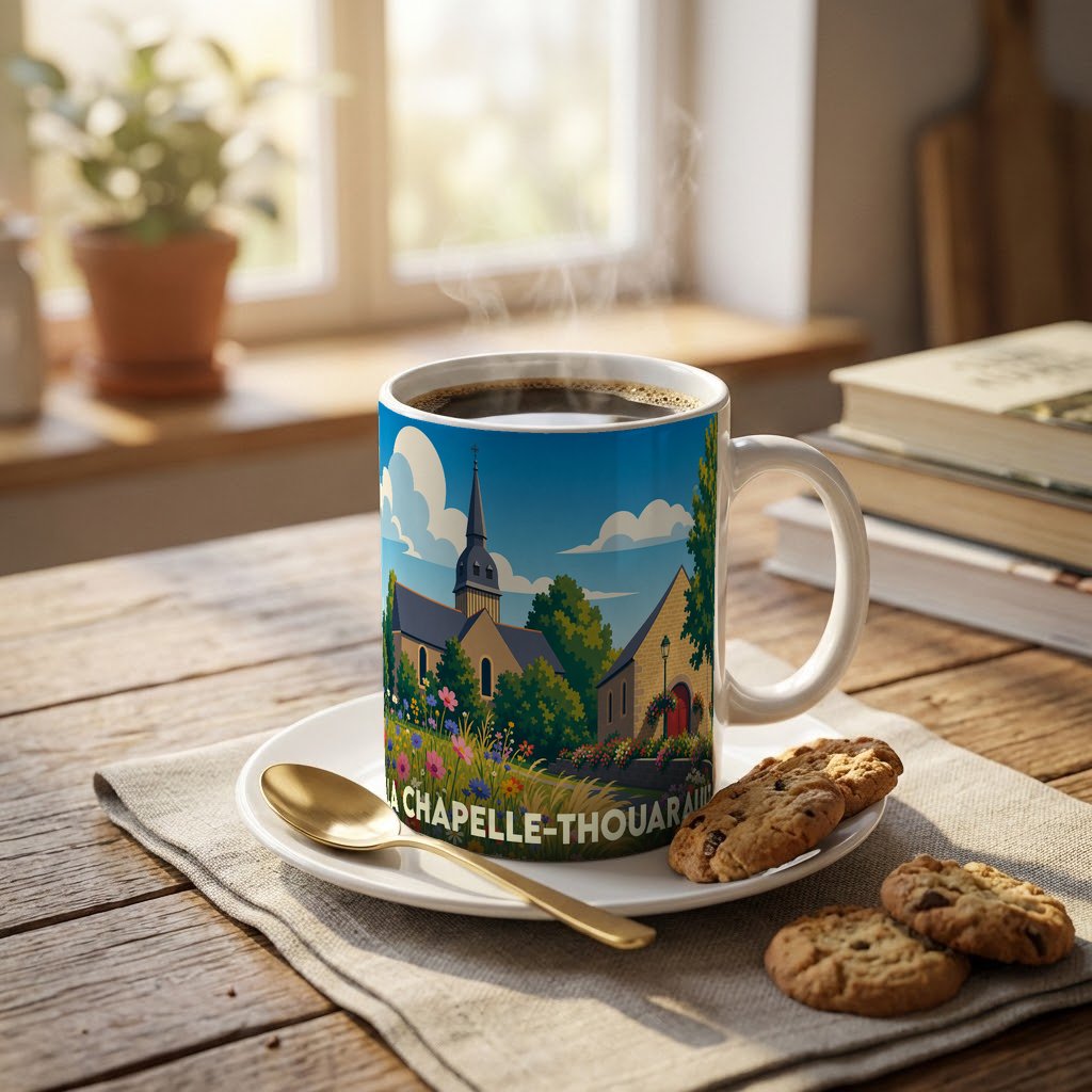 Mug souvenir de la ville de La Chapelle-Thouarault avec une illustration stylisée.