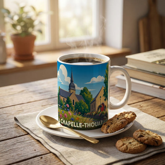 Mug souvenir de la ville de La Chapelle-Thouarault avec une illustration stylisée.