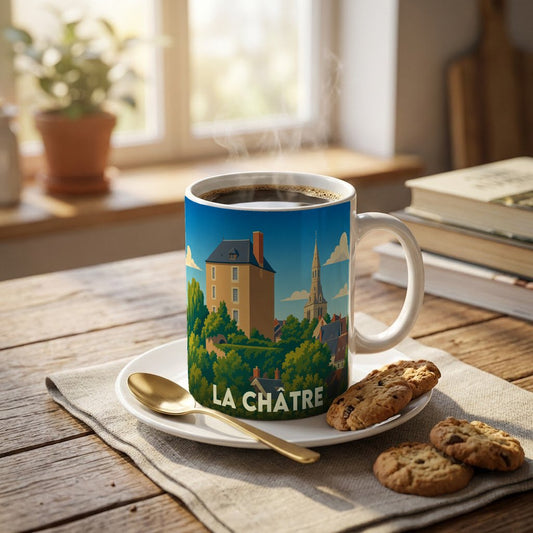 Mug souvenir de la ville de La Châtre orné d'une illustration stylisée de son paysage urbain.