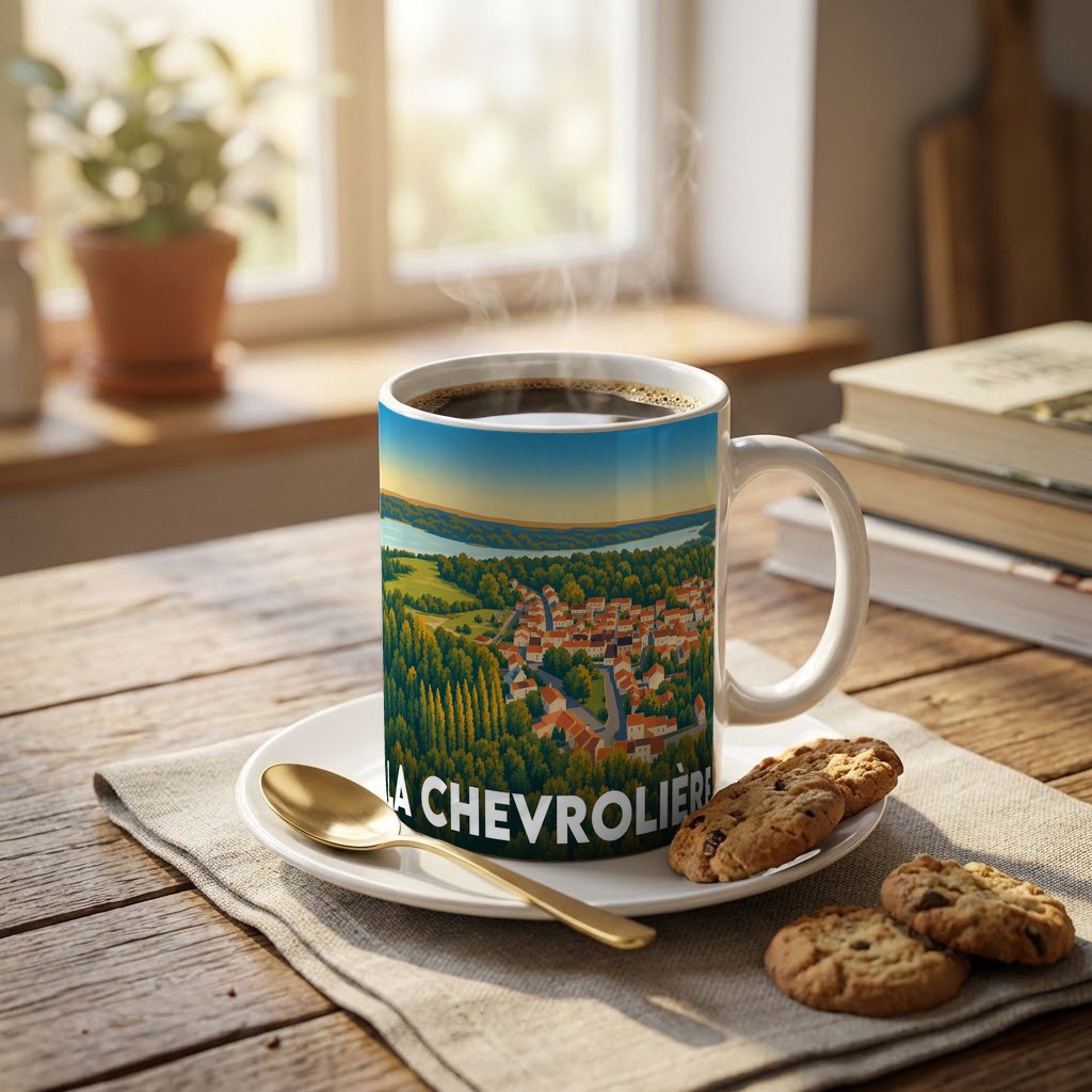 Mug souvenir de la ville de La Chevrolière avec une illustration stylisée d'un paysage urbain et naturel.