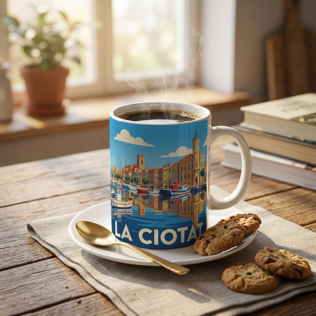 Mug souvenir de la ville de La Ciotat avec une illustration colorée et stylisée de son port.