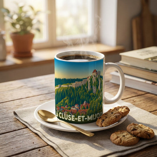 Mug souvenir de la ville de La Cluse-et-Mijoux avec une illustration stylisée de son fort et de ses paysages verdoyants.