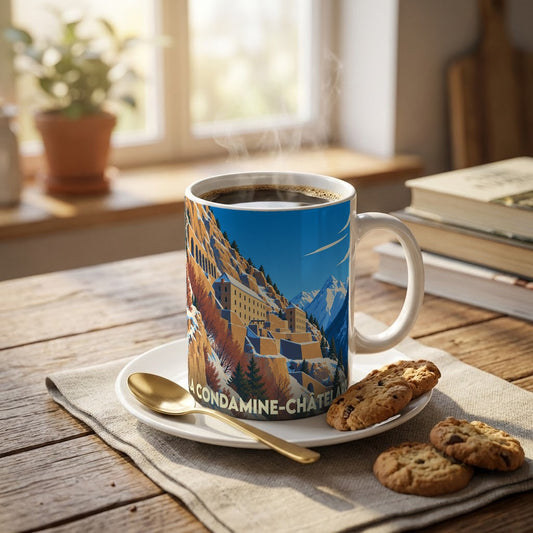 Mug souvenir de la ville de La Condamine-Châtelard avec une illustration stylisée de montagne.