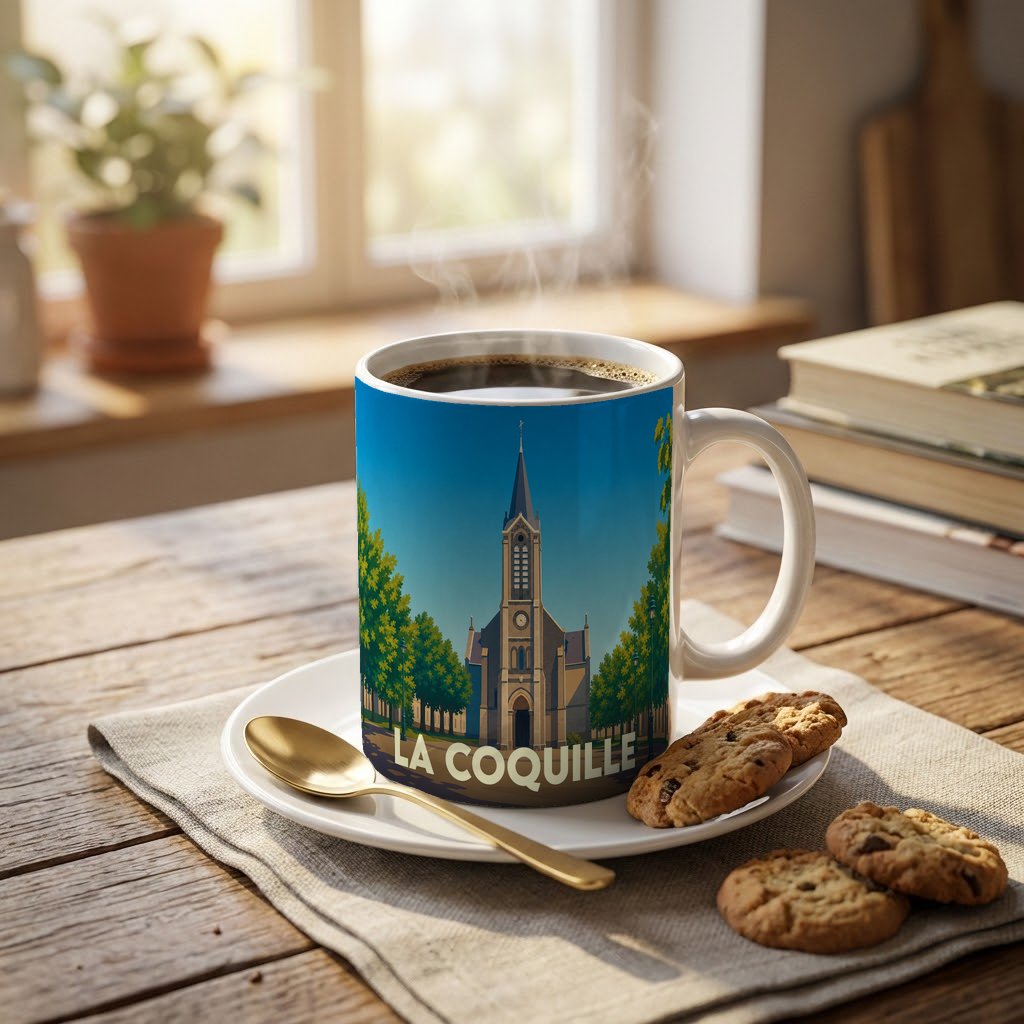 Mug souvenir de la ville de La Coquille orné d'une illustration stylisée de son église.