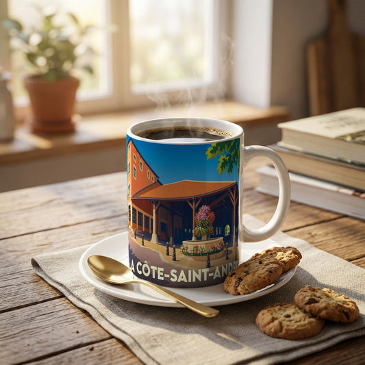Mug souvenir de la ville de La Côte-Saint-André avec une illustration stylisée de ses halles historiques.