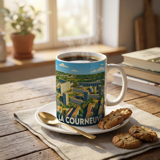 Mug souvenir de la ville de La Courneuve avec une illustration urbaine stylisée.