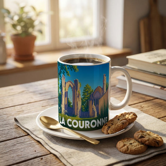 Mug souvenir de la ville de La Couronne avec une illustration stylisée d'une abbaye en ruine.