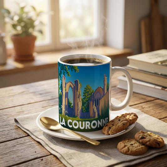 Mug souvenir de la ville de La Couronne avec une illustration stylisée d'une abbaye en ruine.