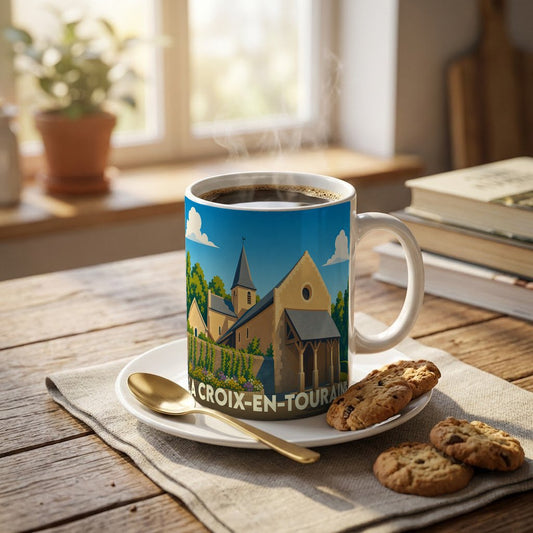 Mug souvenir de la ville de La Croix-en-Touraine illustré d'un dessin stylisé de son église.