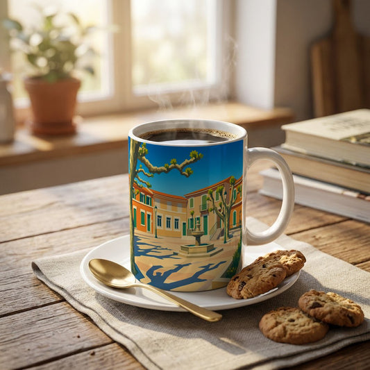 Mug souvenir de la ville de La Destrousse avec une illustration stylisée d'une place de village provençale ensoleillée.
