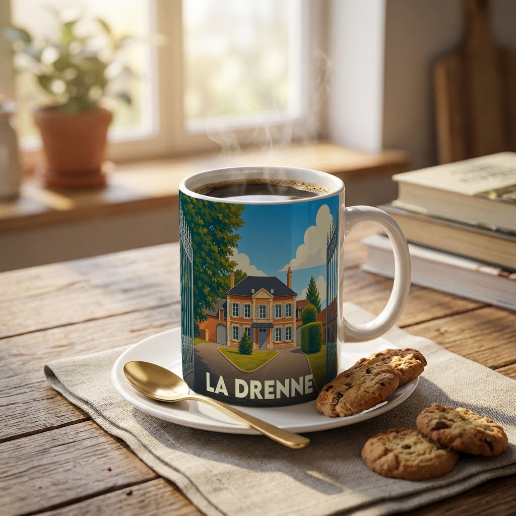Mug souvenir de la ville de La Drenne avec une illustration stylisée d'une demeure bourgeoise.