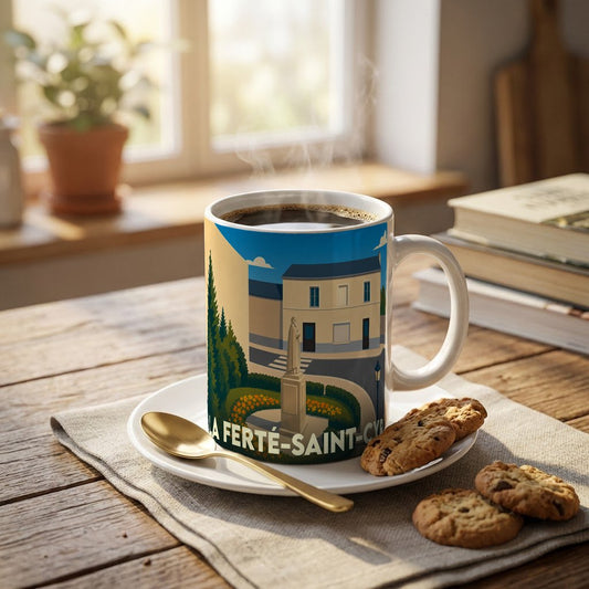 Mug souvenir de la ville de La Ferté-Saint-Cyr orné d'une illustration stylisée de son centre-bourg.