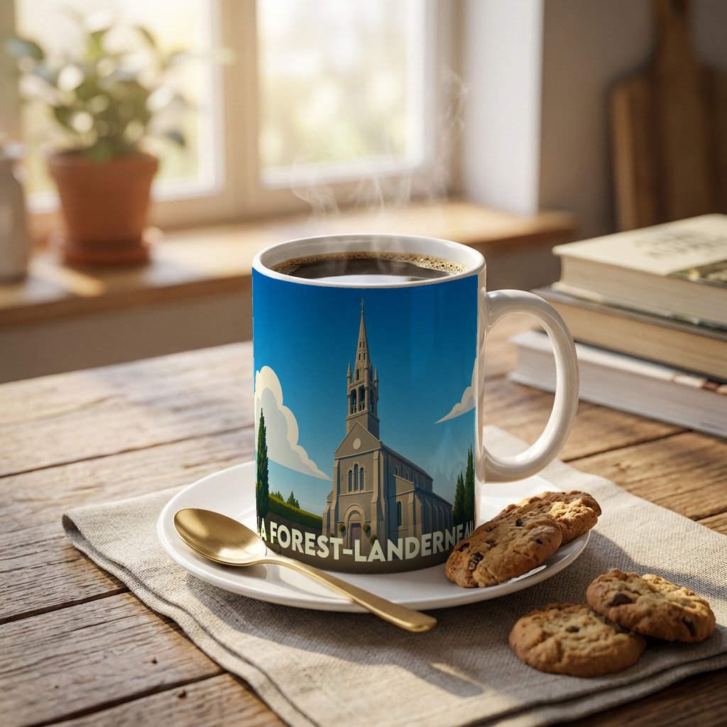 Mug souvenir de la ville de La Forest-Landerneau avec une illustration stylisée de son église.