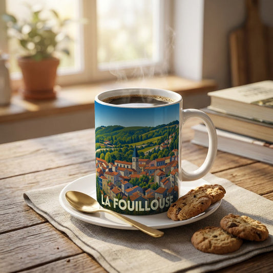 Mug souvenir de la ville de La Fouillouse avec une illustration stylisée d'un paysage urbain vallonné.