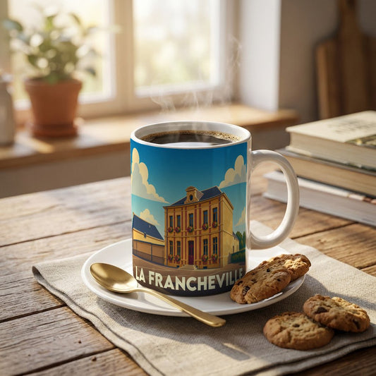 Mug souvenir de la ville de La Francheville avec une illustration stylisée d'un bâtiment remarquable.