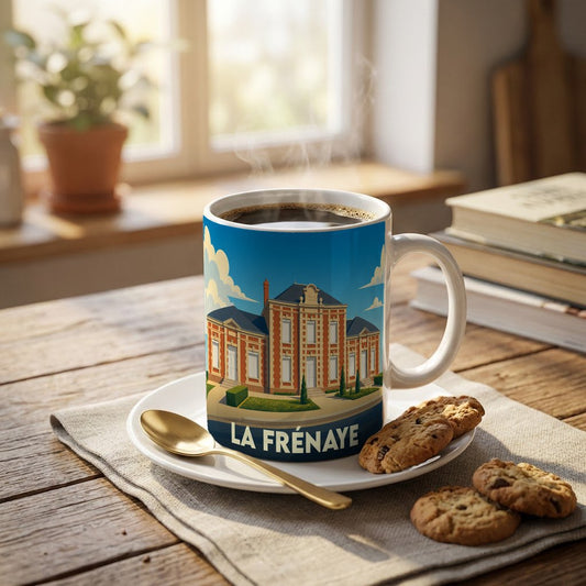 Mug souvenir de la ville de La Frénaye avec une illustration stylisée de son architecture.