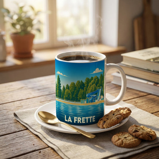 Mug souvenir de la ville de La Frette avec une illustration stylisée d'une base de loisirs.
