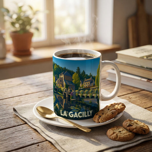 Mug souvenir de la ville de La Gacilly avec une illustration stylisée d'un paysage fluvial.