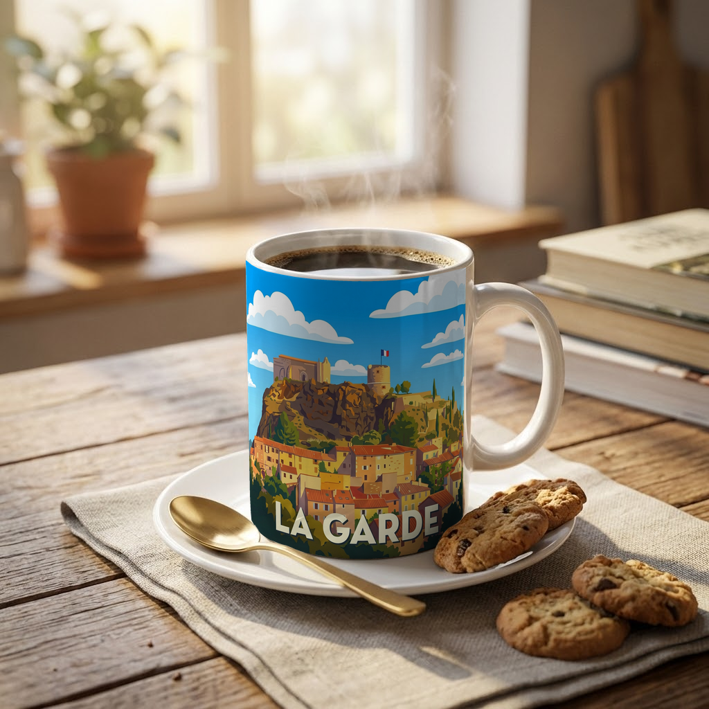 Mug souvenir de la ville de La Garde avec une illustration stylisée.