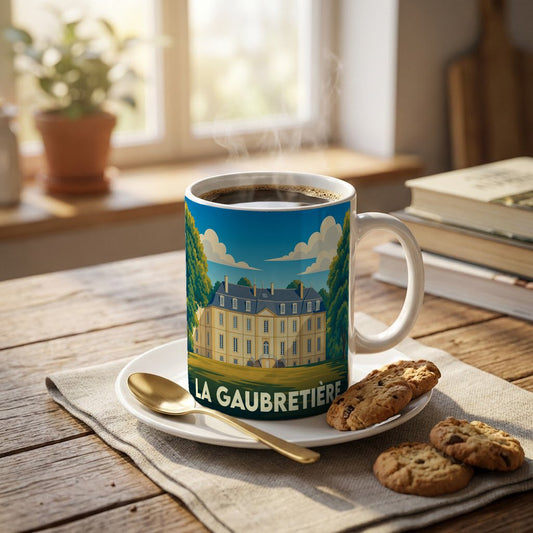 Mug souvenir de la ville de La Gaubretière orné d'une illustration stylisée de château.