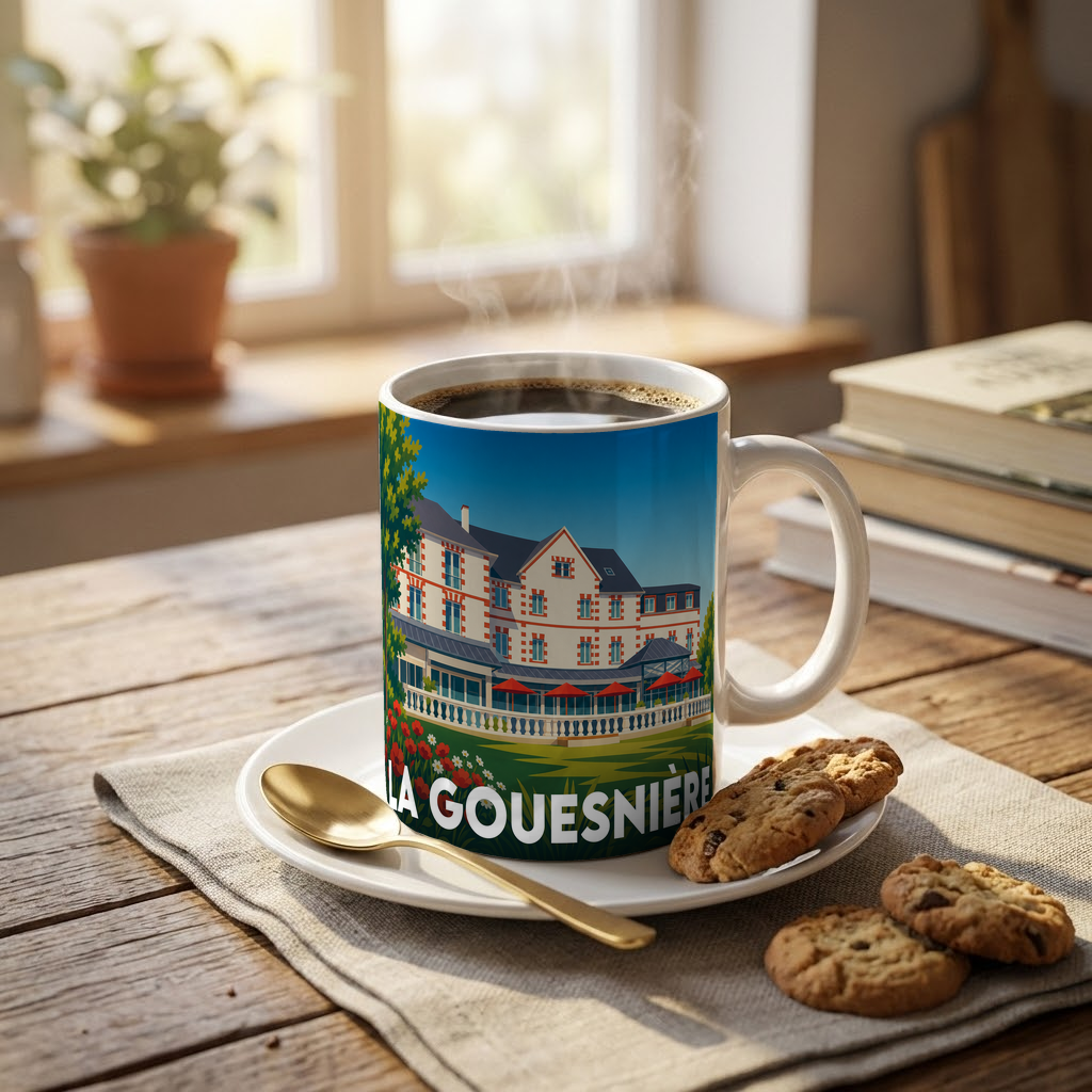 Mug souvenir de la ville de La Gouesnière avec une illustration stylisée.