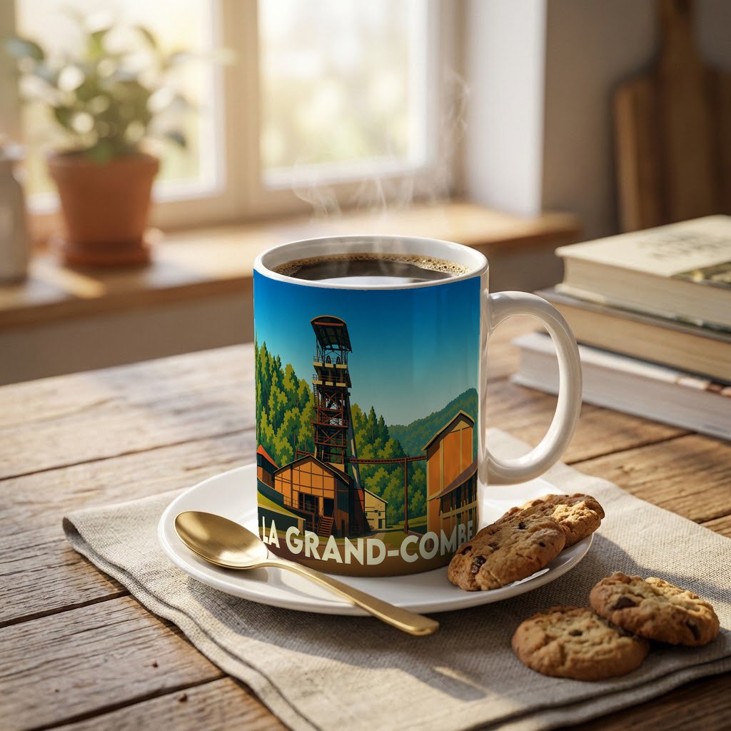 Mug souvenir de la ville de La Grand-Combe avec une illustration stylisée d'un ancien site minier.