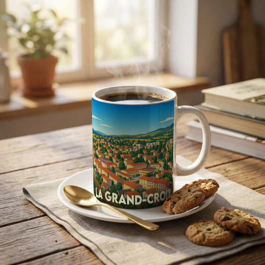 Mug souvenir de la ville de La Grand-Croix orné d'une illustration stylisée de ses paysages urbains.