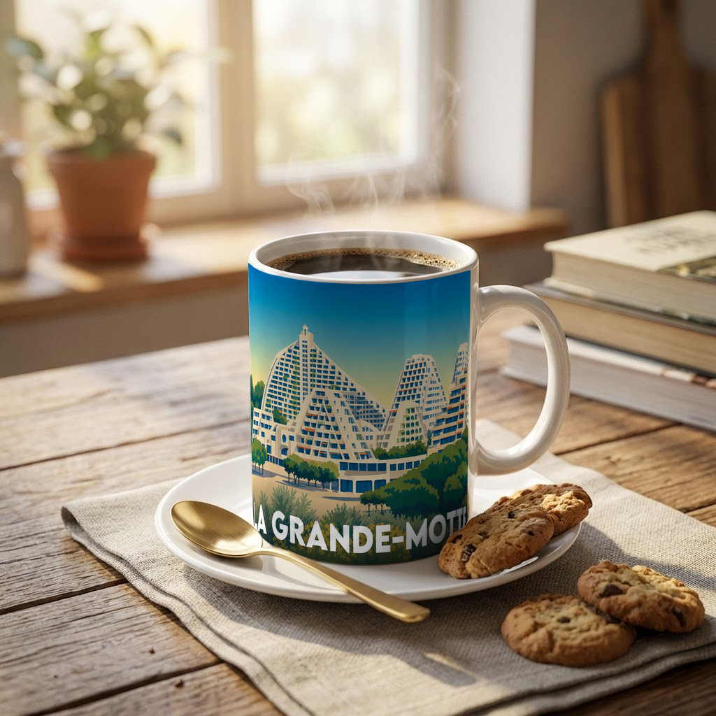Mug souvenir de la ville de La Grande-Motte avec une illustration stylisée.