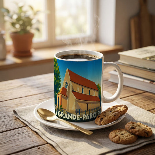 Mug souvenir de la ville de La Grande-Paroisse avec une illustration stylisée d'une église.