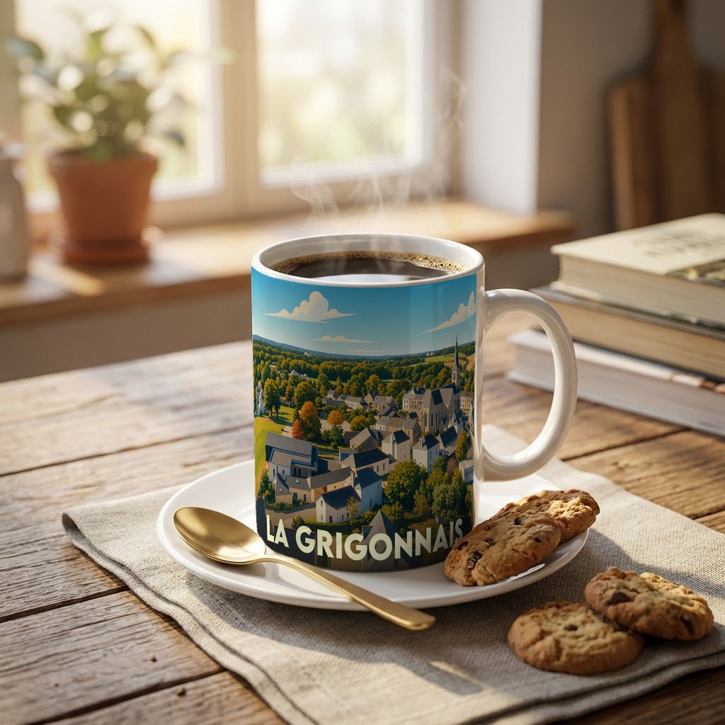 Mug souvenir de la ville de La Grigonnais avec une illustration stylisée d'un paysage urbain.