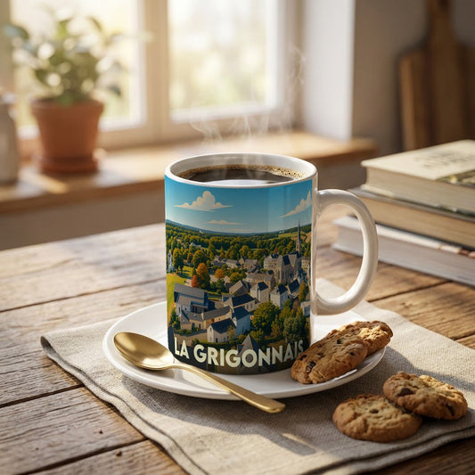 Mug souvenir de la ville de La Grigonnais avec une illustration stylisée d'un paysage urbain.